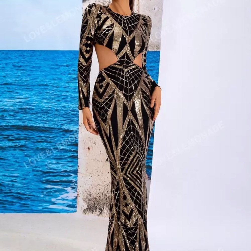 Glamorous Black and Gold Long Sleeve Dress